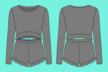 Women's Ruffled Hem Cropped Top and Short Pajama Set Fashion Flat Sketch Front and Back views