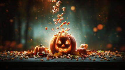 A cascade of candy: halloween's playful pumpkin twist. Action poster. A pumpkin's candy spill enhanced by autumn leaves around. Promotional poster. Movie cover.