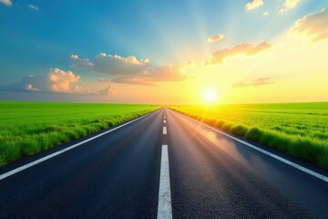 Asphalt Road Leading to a Vibrant Sunset Over Lush Green Fields