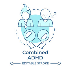 Combined adhd soft blue concept icon. Attention deficit, mood control. Social communication. Round shape line illustration. Abstract idea. Graphic design. Easy to use in blog post, booklet