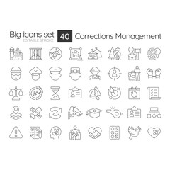 Corrections management line icons set. Prisons, jails, parole and probation administration. Criminals imprisoning. Isolated vector outline illustrations. Thin lineart iconset symbols. Editable stroke