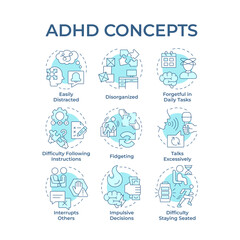 ADHD soft blue concept icons. Social communication, brain illness. Task management, impulsive decisions. Icon pack. Vector images. Round shape illustrations for blog post, booklet. Abstract idea