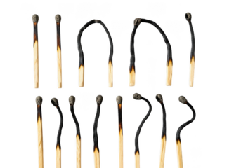 Collection of burnt matches with bent and straight stems, isolated on transparent background