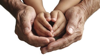 Close-up of intergenerational connection with aged skin and youthful fingers — soft light and plain backdrop ideal for editorial photography, family visuals, and emotional product identity