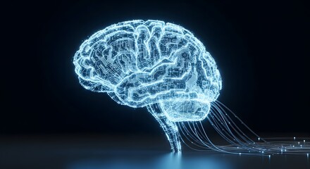 Futuristic glowing blue digital brain with connected wires on a dark background