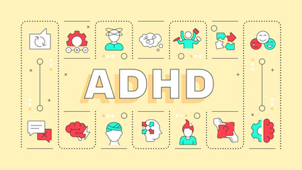 ADHD yellow word concept. Neurology disorder. Head injury. Mental health. Communication issue. Typography banner. Vector illustration with title text, editable icons color. Hubot Sans font used