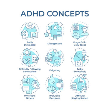 ADHD soft blue concept icons. Social communication, brain illness. Task management, impulsive decisions. Icon pack. Vector images. Round shape illustrations for blog post, booklet. Abstract idea