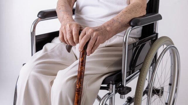 Close-up of senior hands gripping cane in seated position — symbolic moment of aging and dignity for editorial photography, accessibility visuals, and lifestyle identity.