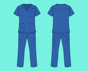 Unisex V-Neck Scrub Top and Multi-Pocket Cargo Pant Set Flat Sketch CAD Mockup