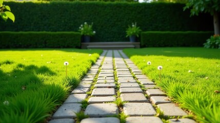 Serene Garden Path A sunlit stone walkway bordered by vibrant green grass and delicate dandelion blossoms, leading towards a tranquil hedge-lined backdrop.