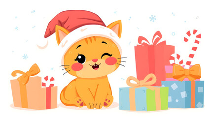 Obraz premium Adorable Kitten Celebrating Christmas with Gifts and Holiday Cheer