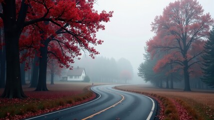 Autumnal Road Winding Through Misty Forest with Crimson Trees and a House