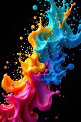 Vibrant hues of swirling paint create a dynamic and visually stunning abstract composition against a deep black background, showcasing the interplay of color and motion in a captivating splash