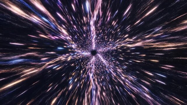 Rapidly moving stream of glowing abstract particles forming trails of bright light and energy through a dark, infinite virtual space tone, corporate, virtual