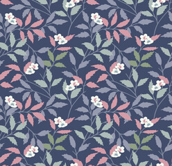 Japanese Cute Wild Flower Leaf Bush Vector Seamless Pattern