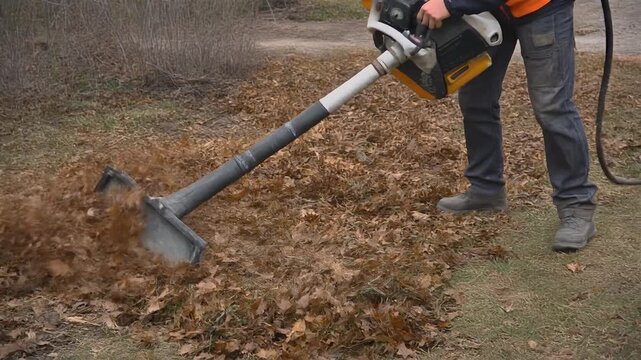 Leaf Blower Clearing Leaves in Autumn.