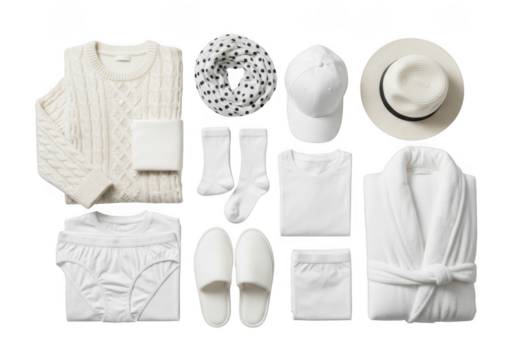 Collection of white clothing and accessories for a spa or relaxation day, isolated on transparent background