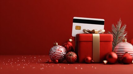 Festive Christmas gift with credit card set against a vibrant red background.