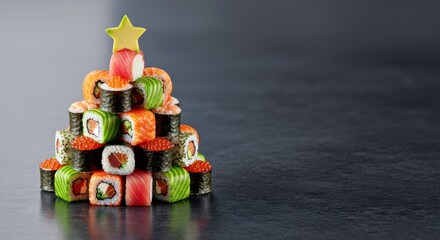 Colorful sushi pyramid with a star on top, showcasing various sushi types arranged artistically on a dark slate background, perfect for festive culinary presentations