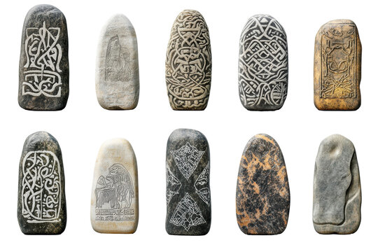 Vertical engraved stone pieces with tribal designs
