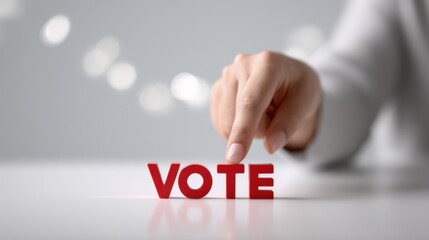 Hand of a person gently touching red letters spelling vote on a white surface, emphasizing the importance of civic engagement and participation in democratic processes