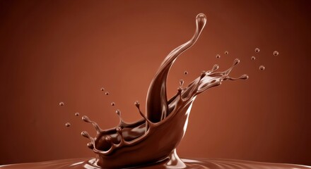 Rich chocolate splash captured in motion, creating dynamic droplets against a smooth brown background, showcasing the essence of indulgence and culinary artistry