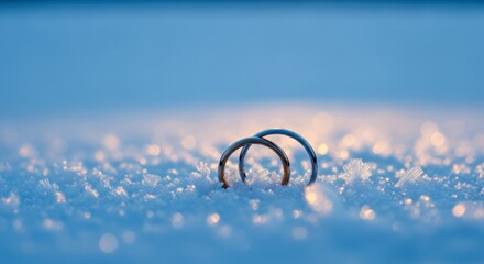 Two elegant wedding rings resting on a bed of soft snow, glistening under gentle light, symbolizing love and commitment in a serene winter setting