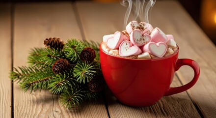 Red mug filled with hot chocolate topped with heart-shaped marshmallows, surrounded by pine branches and pine cones, creating a cozy winter holiday atmosphere with copy space