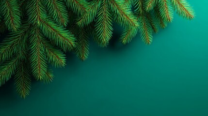 Obraz premium Close-up of pine tree branches over a vibrant green background, showcasing natural details.