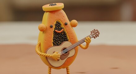 Animated papaya character playing acoustic guitar, cheerful and musical.