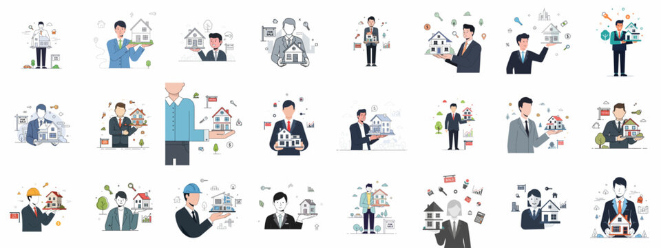 Diverse Set of Real Estate Concepts Featuring Professionals, Brokers, and Agents Holding Houses, Keys, and Property Transaction Symbols.