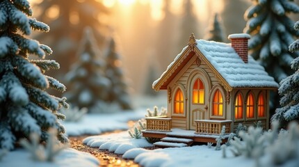 Cozy wooden cabin in snowy forest with warm light