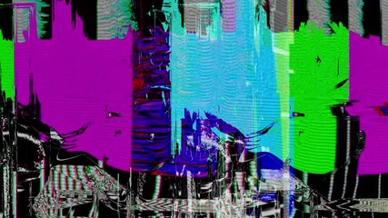 Intense 4K digital animation of severe glitch effects, corrupted signal, screen tearing. background or transition for themes like hacking, cyber security, chaos