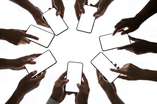 A Collaborative Digital Experience: Hands Engaging with Smartphones in a Circular Arrangement Showcasing Modern Connectivity and Interaction