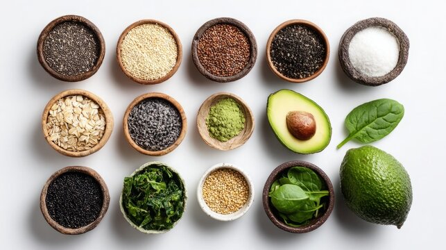 Assorted superfoods including chia seeds, quinoa, avocado, and fresh greens displayed in wooden bowls.