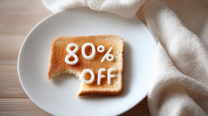 Toast slice with bite taken out, displaying 80 percent off in white butter, placed on a round plate, surrounded by a soft cloth, conveying a promotional food concept