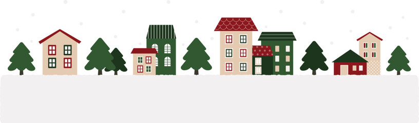 Cute Minimal Christmas Village in Snowy Landscape Vector Illustration