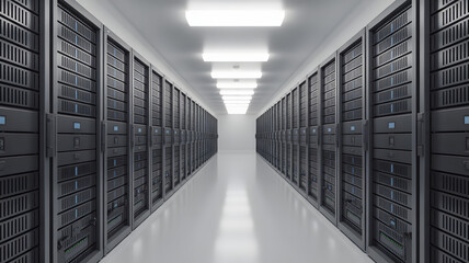 Rows of dark computer servers stand in a clean white room with bright ceiling lights.