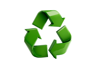 A glossy green recycling symbol prominently displayed against a dark background