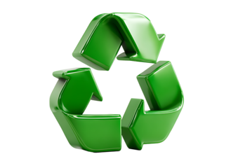A glossy green recycling symbol isolated on a solid black background