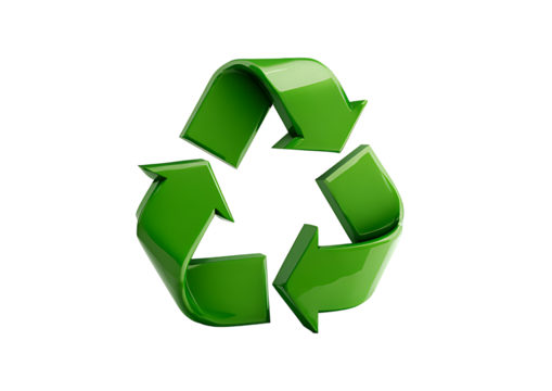 A glossy green recycling symbol prominently displayed against a dark background