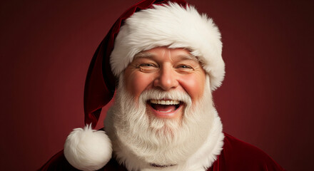 A merry and festive senior character with a lush white beard, laughing cheerfully in a classic holiday outfit