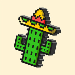 3D Pixel Cactus With Hat. Whimsical 3D pixel cactus wearing a hat in colorful block style for playful desert themed digital illustration