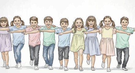 Fototapeta premium Hand drawn illustration of a happy group of children standing together in a line.