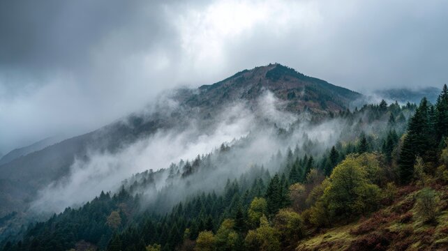 Layered mountain landscape with rolling fog and dramatic clouds, serene valley views, early morning atmosphere, natural outdoor scenery, misty peaks and expansive sky