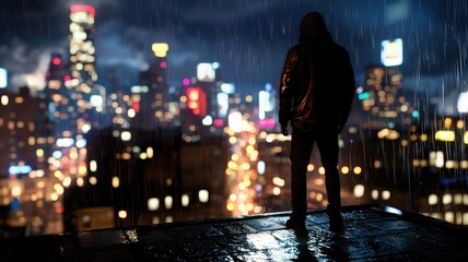 A man standing on a rooftop at night, looking at the city lights, a sense of contemplation