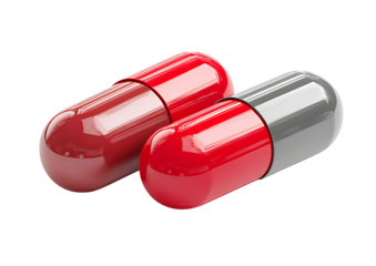 Two pharmaceutical capsules one red and one silver displayed against black
