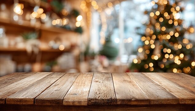 Rustic wooden table surface with blurred Christmas tree and bokeh lights background wood texture tabletop - Powered by Adobe