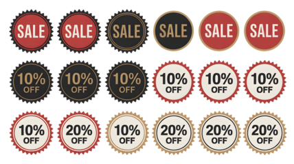 Collection of sale and discount tags show prices off for shopping.