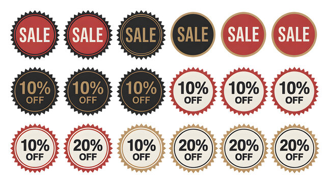 Collection of sale and discount tags show prices off for shopping.